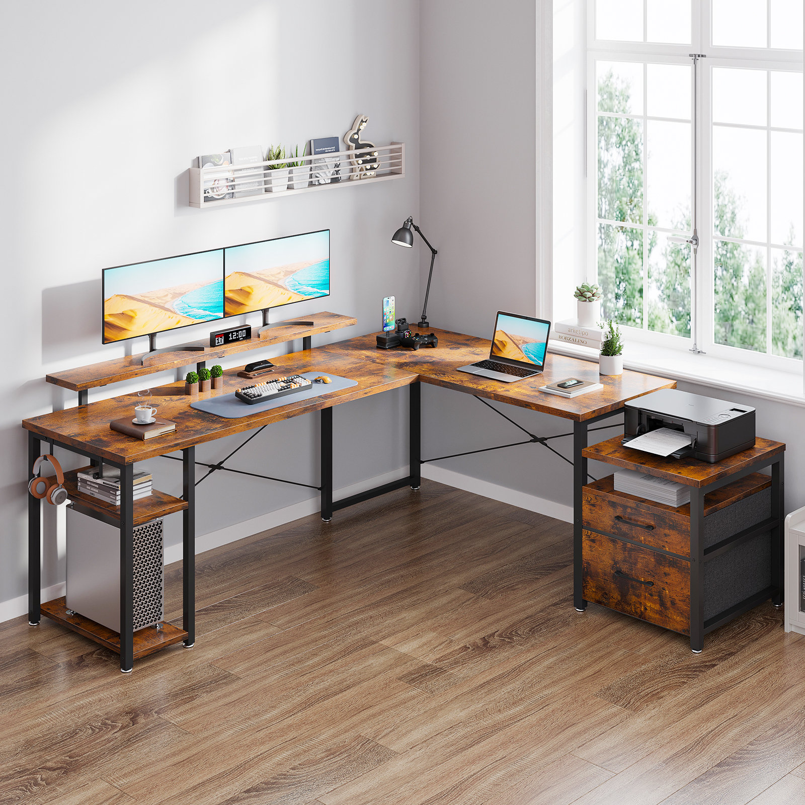 L shaped wood and metal desk discount